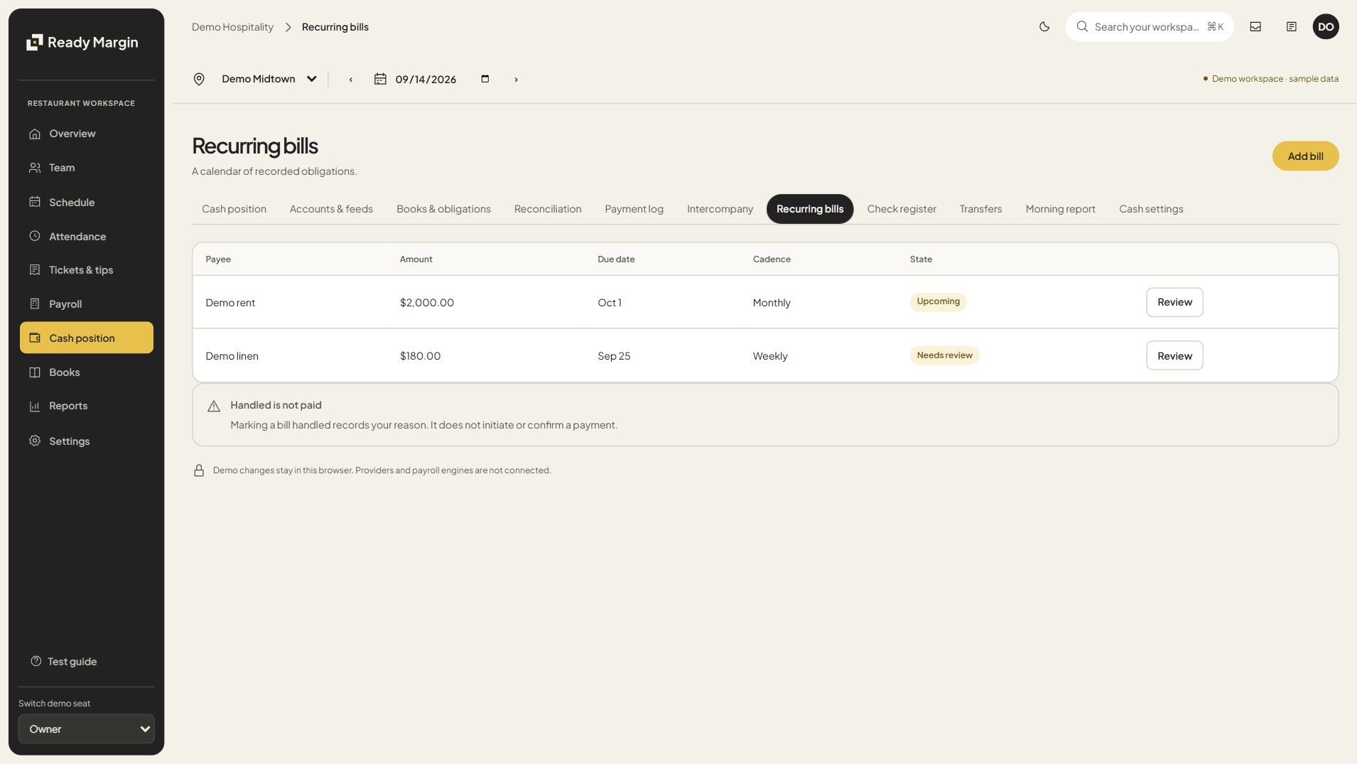 Ready Margin recurring bills table showing sample rent and linen obligations, due dates and review status.