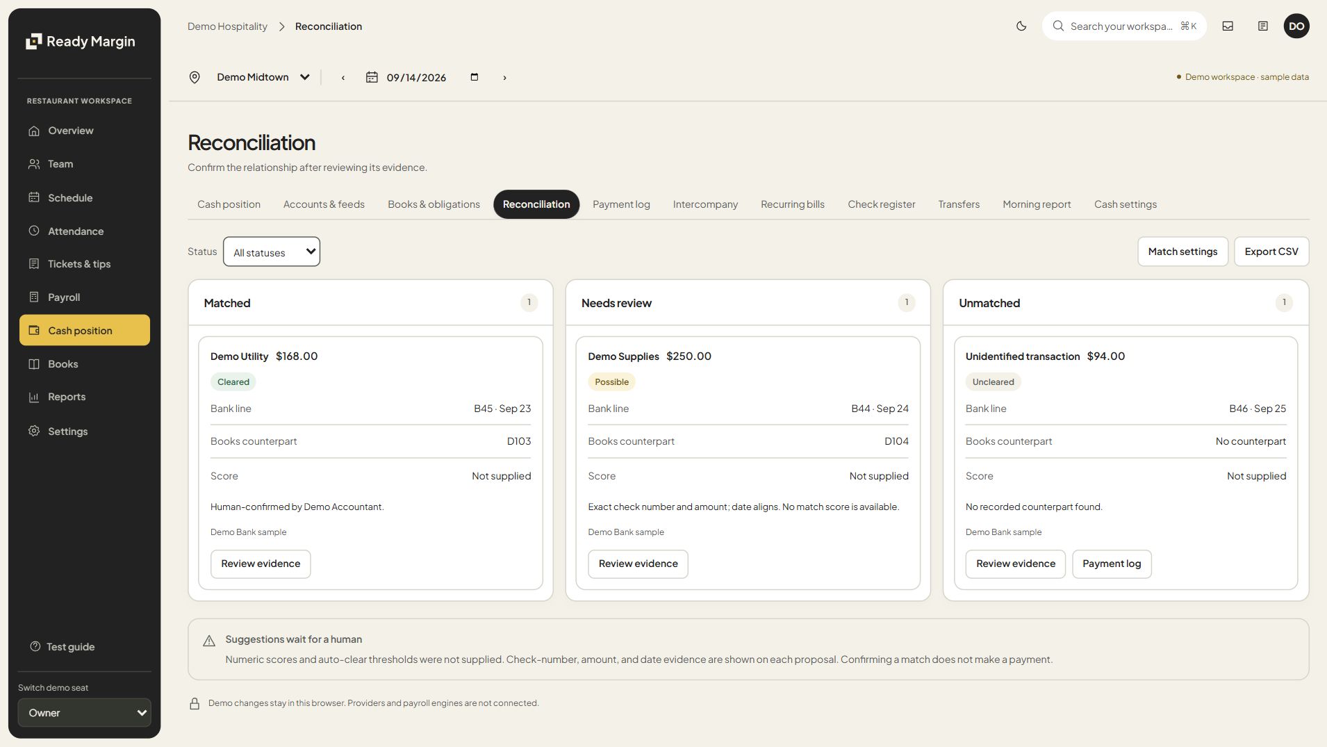 Ready Margin reconciliation cards separating matched, possible and unmatched transactions with source evidence.