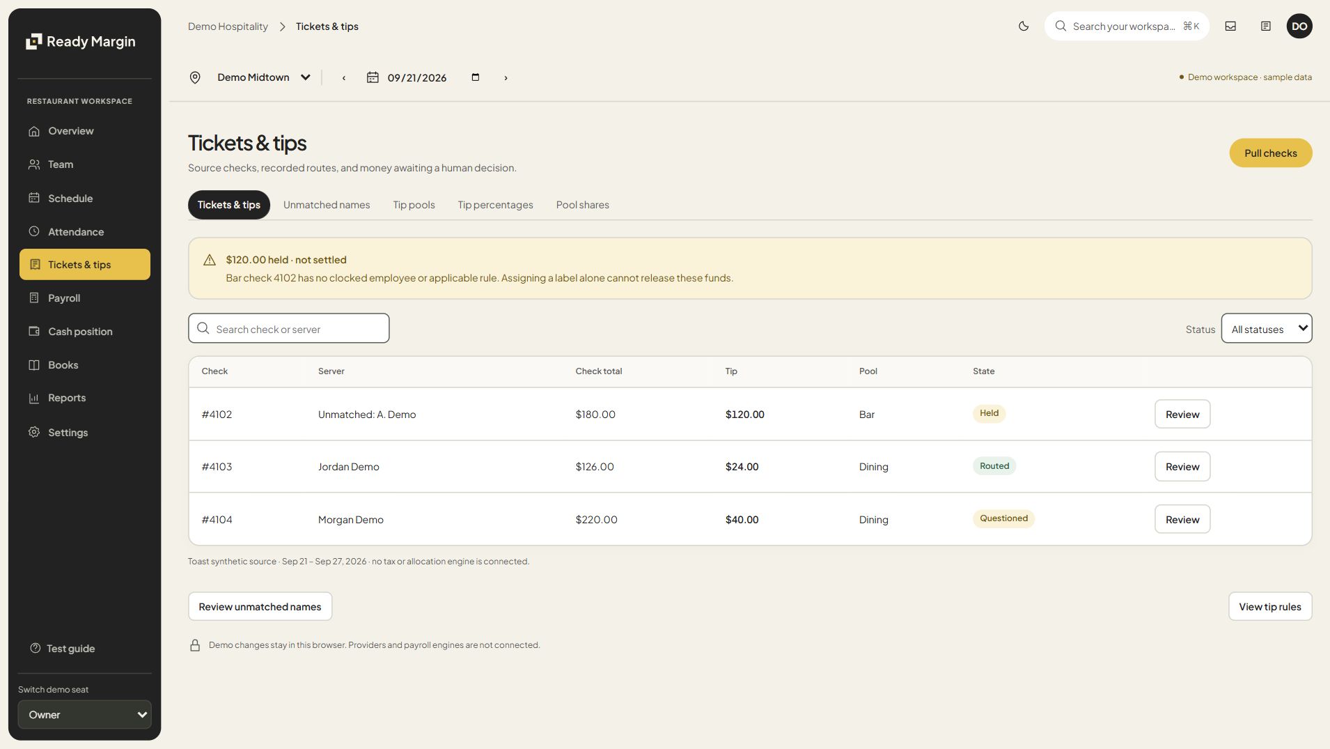 Ready Margin tickets and tips view with a held check, unmatched server and recorded tip amounts.