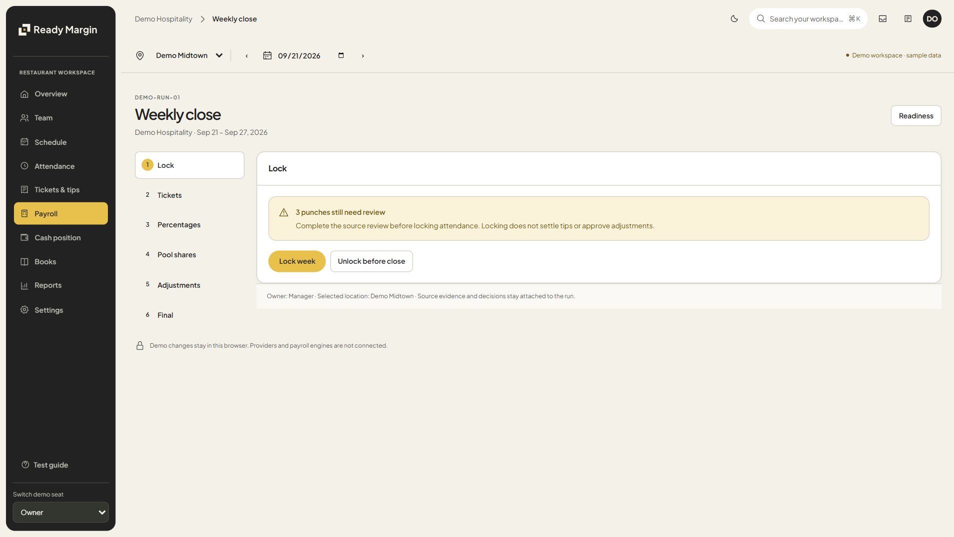 Ready Margin weekly close with attendance, tickets, tip rules, pool shares, adjustments and final-review steps.